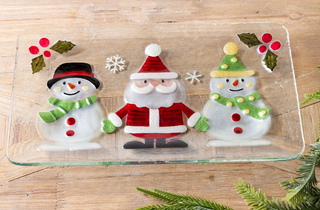 Glass Jolly Santa Snowmen Platter