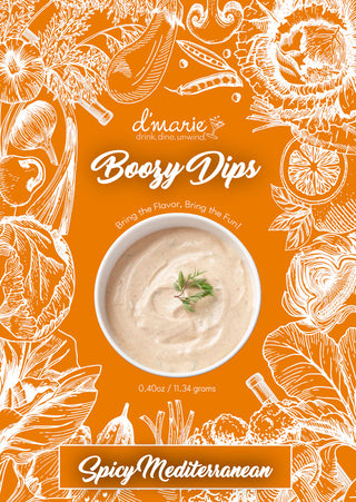 Product packaging for 'Boozy Dips' with a bowl of dip on an orange background