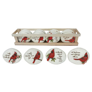 Set of ceramic coasters with cardinal designs and text in a wooden tray on a white background