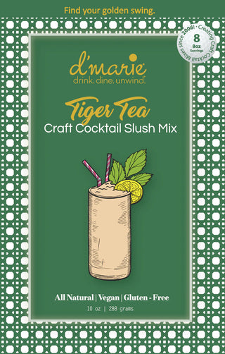 Tiger Tea craft cocktail slush mix packaging with green background and cocktail illustration.