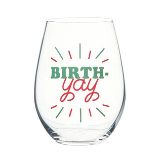 Clear glass wine glass with 'BIRTH-yay' text design on a white background
