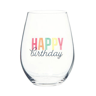 Clear glass wine glass with 'Happy Birthday' text in rainbow colors on a white background