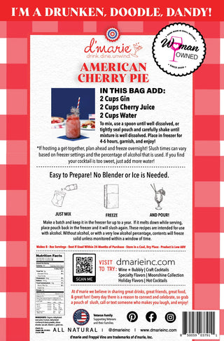 Back of a product packaging for d'marie American Cherry Pie with text and graphics on a red checkered background.