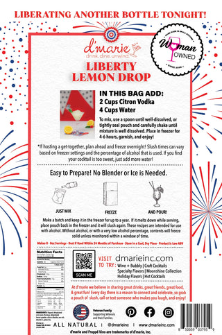 Back of a product packaging for 'Liberty Lemon Drop' with red, white, and blue design elements.