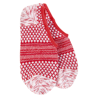 A pair of low-cut knit socks in red and white with a Fair Isle snowflake pattern, shown on a plain white background.