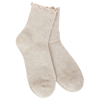 A pair of light beige ribbed ankle socks with ruffled trim at the top, shown on a plain white background.