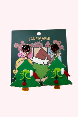 Pair of earrings shaped like Christmas trees on a Jane Marie branded card.