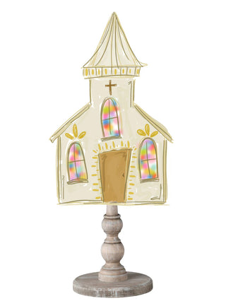 Decorative lamp shaped like a church with stained glass windows on a white background
