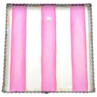 Decorative pillow with pink and white vertical stripes on a white background