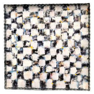 Abstract art piece with black, white, and gray checkered pattern