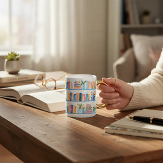 Person holding a mug with book design on a wooden table with books and glasses.