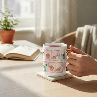 Person holding a mug with illustrations on a table with a book and plant in the background