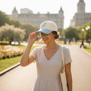 Woman wearing a cap and dress in a park with buildings in the background