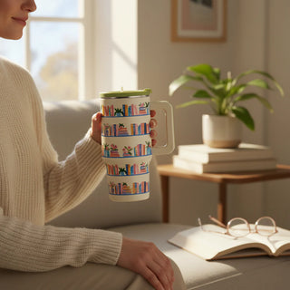 Person holding a colorful mug with book design in a cozy living room.