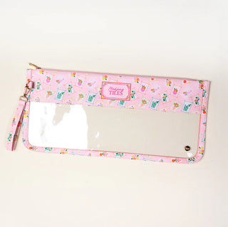 Pink pouch with floral pattern and 'Natalie Ticks' branding on a white background