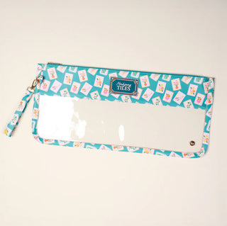 Pouch with a patterned design on a beige background