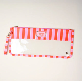 Striped pouch with a clear front section on a light gray background