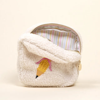 White textured pouch with a pencil design on a beige background