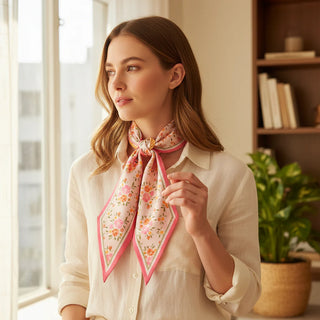 Woman wearing a floral scarf in a bright room with a window and bookshelf.