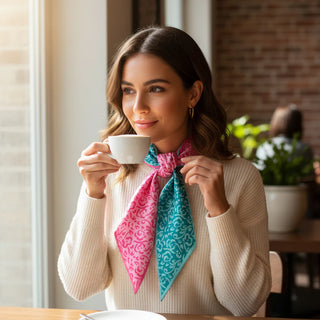 Woman holding a cup with a colorful scarf around her neck in a cozy indoor setting.