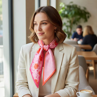 Woman wearing a pink scarf with floral patterns in a cafe setting