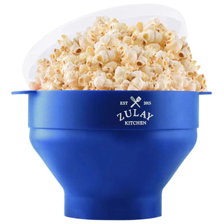 Blue popcorn maker filled with popcorn on a white background, branded 'Zulay Kitchen'.