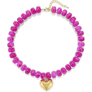 Colorful Resin Bead Necklace with Gold Heart-Shaped Pendant