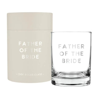 Clear glass with 'Father of the Bride' text and beige container on a white background
