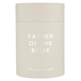 Cylindrical glass container with 'Father of the Bride' text on a white background