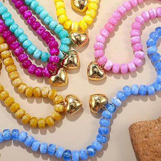 Colorful Resin Bead Necklace with Gold Heart-Shaped Pendant