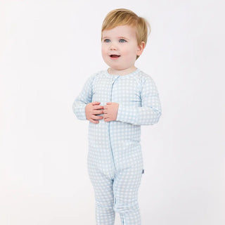 Light blue and white checkered baby onesie on a white background