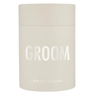 Beige container with 'GROOM' text on a white background