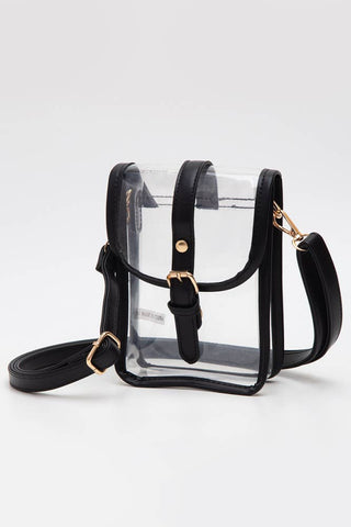 Clear handbag with black straps on a white background