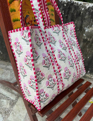 Cotton Quilted Bag Ivory With Pink Florals