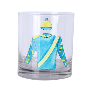 Blue and Yellow Jockey Silk Rocks Glass