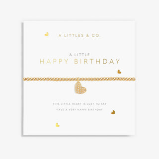 Gold heart bracelet on a 'Happy Birthday' card with 'A Littles & Co.' branding.