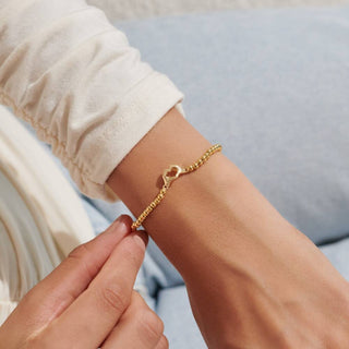 Gold bracelet on a wrist with a blurred background