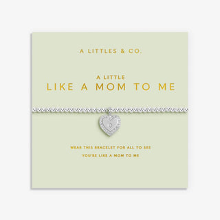 Silver heart-shaped bracelet on a 'A Littles & Co.' card with text.