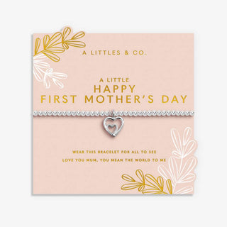 Silver bracelet with heart charm on a 'Happy First Mother's Day' card by A Littles & Co.