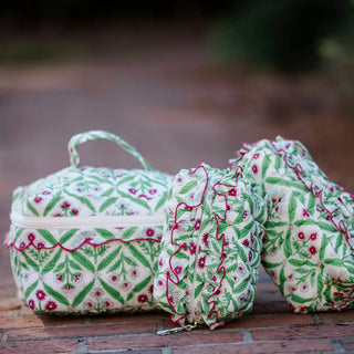 Fabric storage basket with floral pattern on a wooden surface