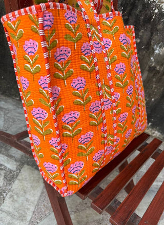 Orange Quilted Bag With Pink Floral