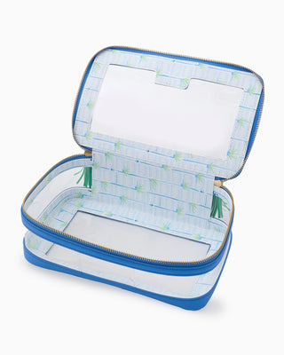 Blue and clear travel case with a mirror on a white background