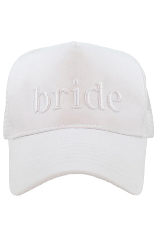 White cap with 'bride' embroidered on a white background