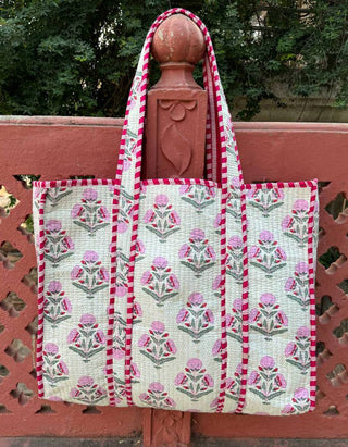 Cotton Quilted Bag Ivory With Pink Florals