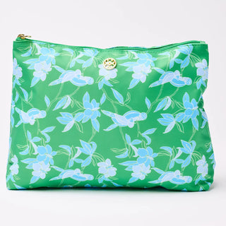 Green pouch with blue floral pattern on a white background