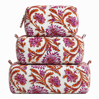 Spring Pink/Orange Floral Quilted Cosmetic Bag