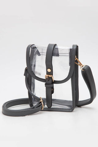 Clear handbag with black straps and trim on a white background