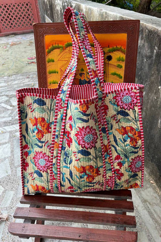 Ivory Quilted Bag With Large Multi Color Flowers