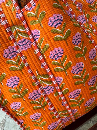Orange Quilted Bag With Pink Floral