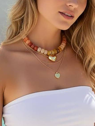 Colorful Resin Bead Necklace with Gold Heart-Shaped Pendant